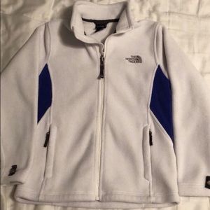 The North Face Heavy Fleece Jacket size kidsMedium (10/12). White w purple trim